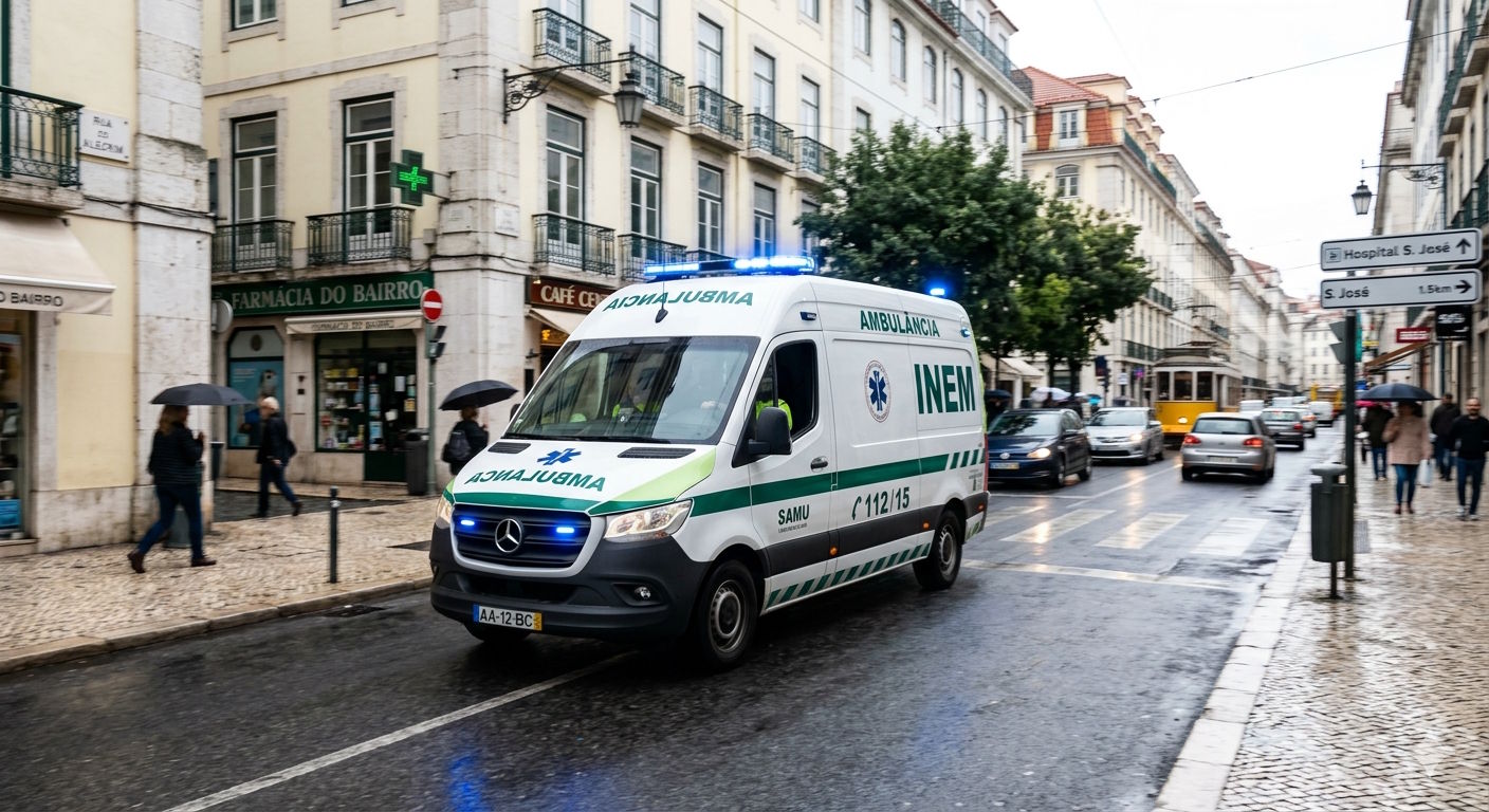 Ambulance driving through a European city street, highlighting the importance of healthcare infrastructure for residents and expatriates