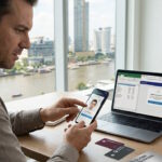 Expat completing digital identity verification while managing international banking and finances abroad