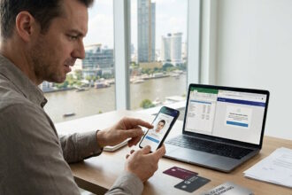 Expat completing digital identity verification while managing international banking and finances abroad