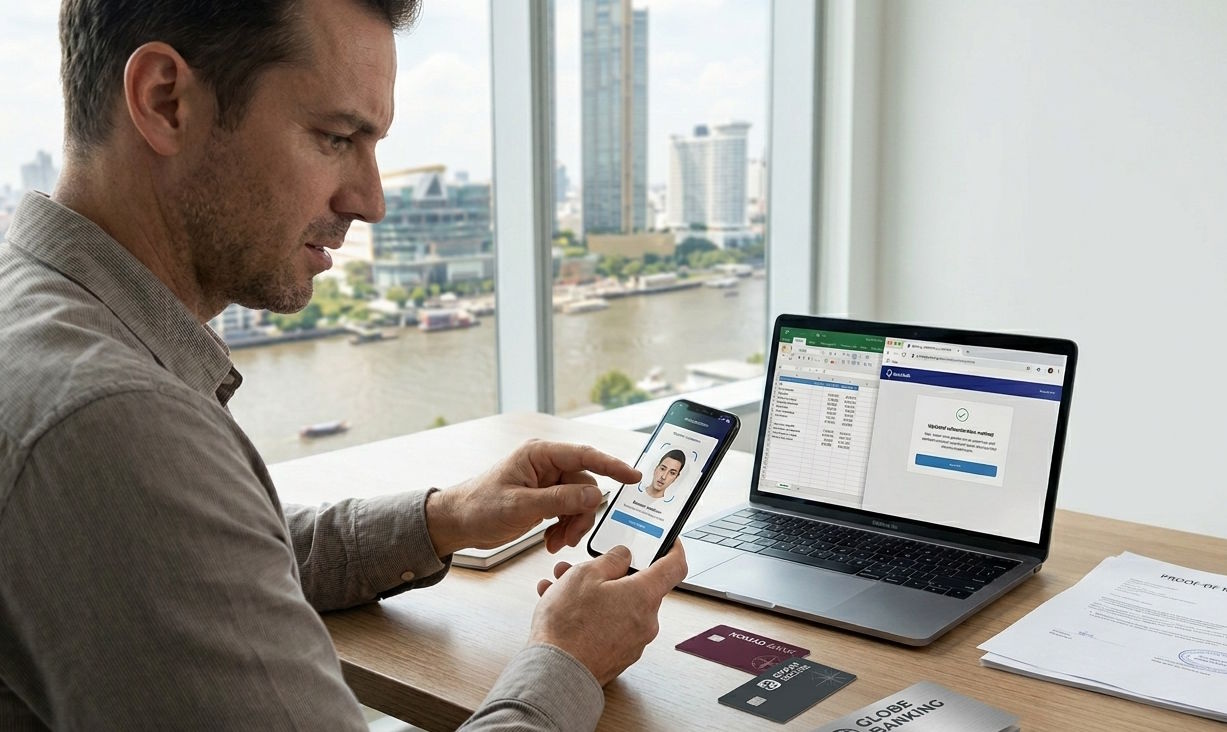 Expat completing digital identity verification while managing international banking and finances abroad