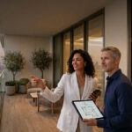 Prospective buyers exploring a branded residence with professional property services and luxury city views