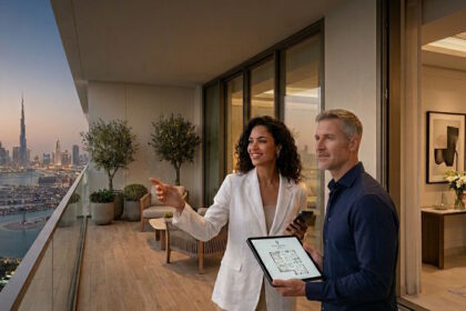 Prospective buyers exploring a branded residence with professional property services and luxury city views