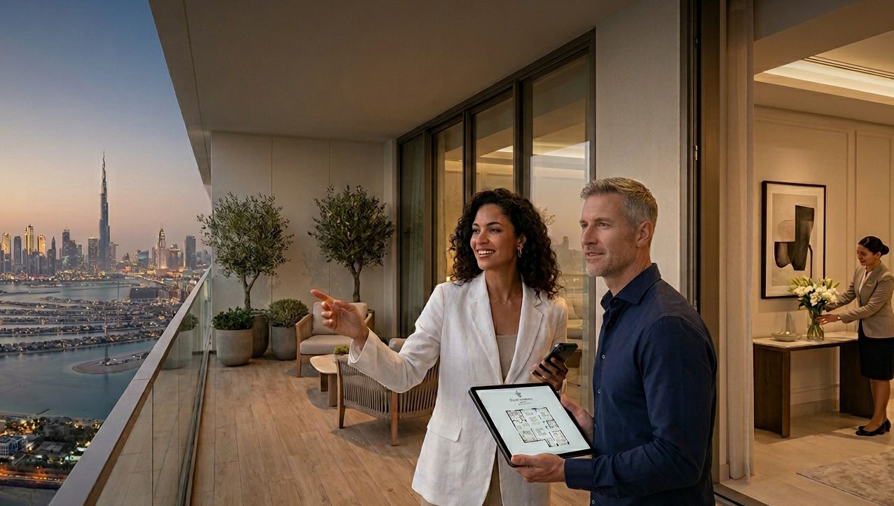 Prospective buyers exploring a branded residence with professional property services and luxury city views