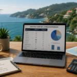 Cost of living abroad comparison showing a laptop with budget planning tools overlooking an international coastal destination
