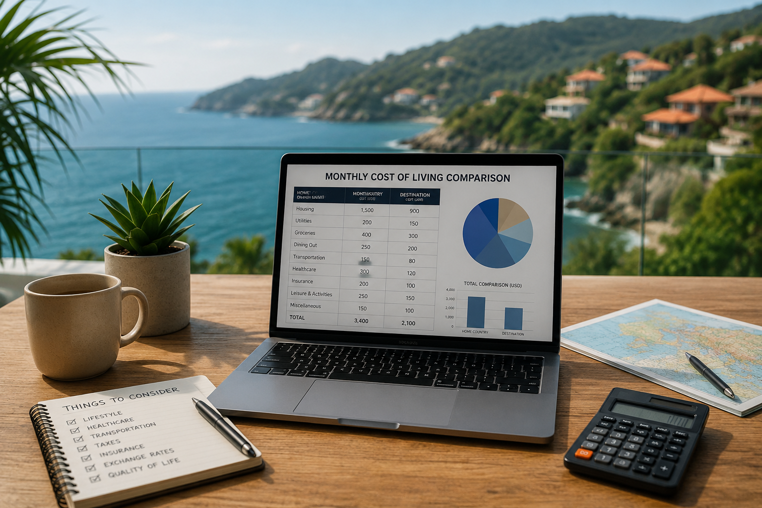 Cost of living abroad comparison showing a laptop with budget planning tools overlooking an international coastal destination