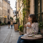 Woman enjoying a quiet morning at a neighbourhood café while embracing everyday life abroad