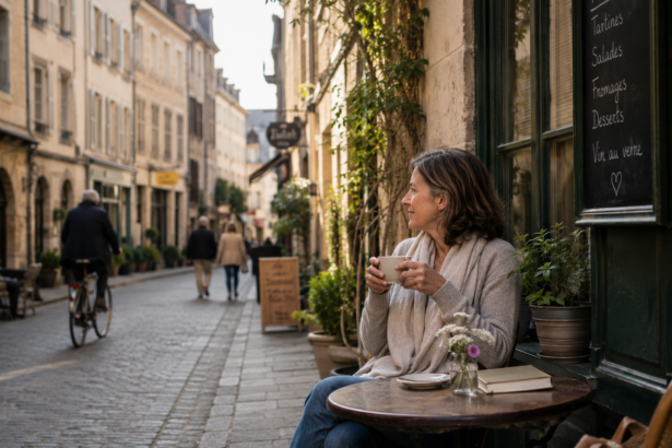Woman enjoying a quiet morning at a neighbourhood café while embracing everyday life abroad