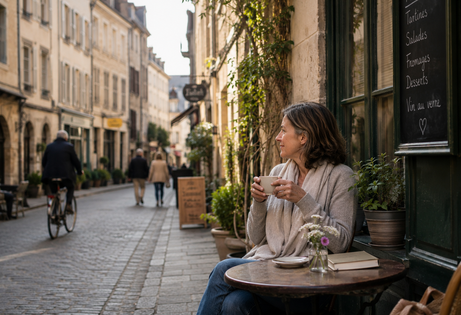 Woman enjoying a quiet morning at a neighbourhood café while embracing everyday life abroad