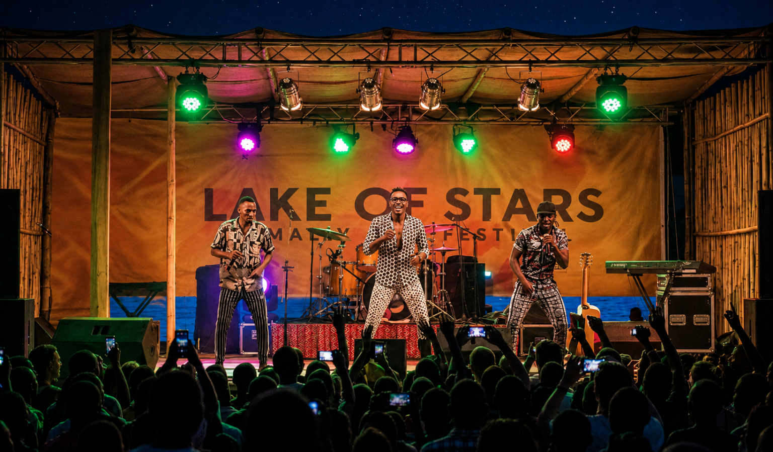 Lake of Stars music festival in Malawi with performers on stage and a crowd in front of Lake Malawi