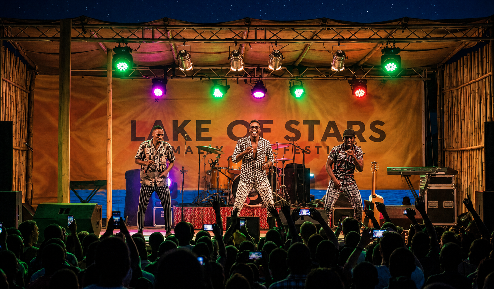 Lake of Stars music festival in Malawi with performers on stage and a crowd in front of Lake Malawi