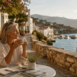 Woman enjoying a morning coffee at a seaside café in a Mediterranean coastal village, reflecting the lifestyle of seasonal living.