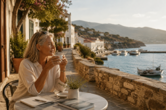 Woman enjoying a morning coffee at a seaside café in a Mediterranean coastal village, reflecting the lifestyle of seasonal living.