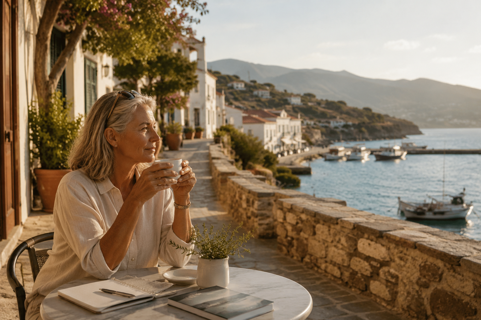 Woman enjoying a morning coffee at a seaside café in a Mediterranean coastal village, reflecting the lifestyle of seasonal living.