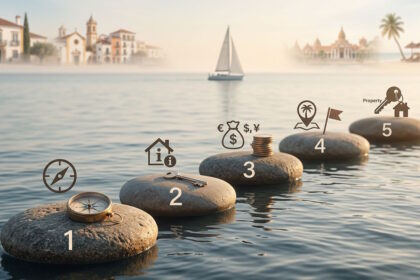 Step-by-step guide to international property investment showing key stages such as market research, financing, location selection and property ownership.