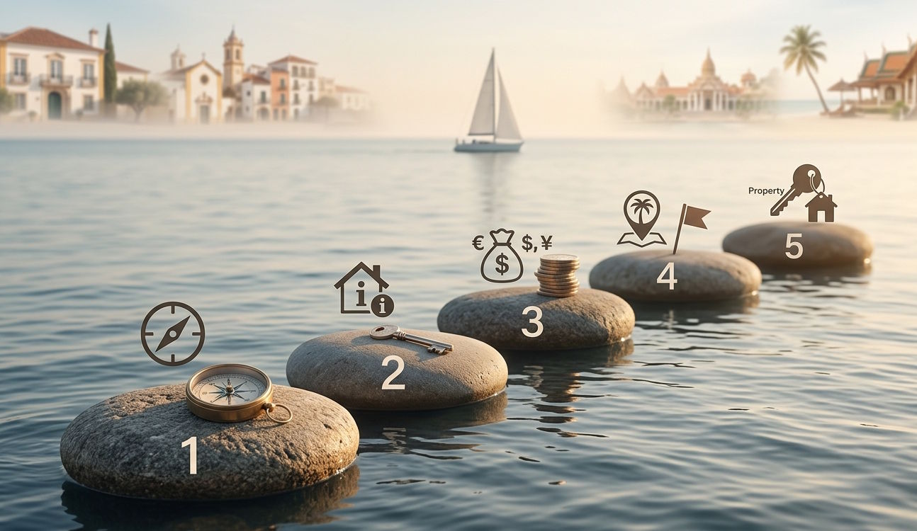 Step-by-step guide to international property investment showing key stages such as market research, financing, location selection and property ownership.