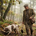 Truffle hunter and trained dog searching for white truffles in an autumn forest in Italy