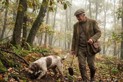 Truffle hunter and trained dog searching for white truffles in an autumn forest in Italy