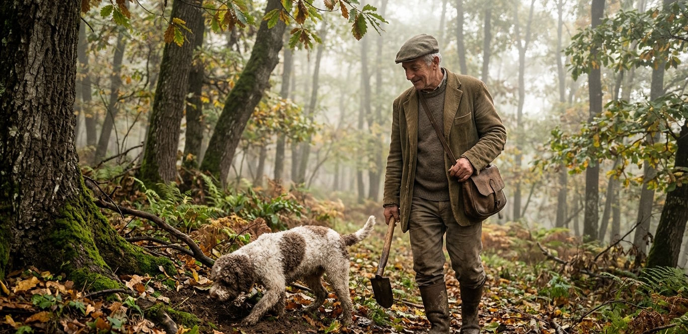 Truffle hunter and trained dog searching for white truffles in an autumn forest in Italy