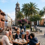 Residents and seasonal visitors enjoying an outdoor café in the Canary Islands during winter