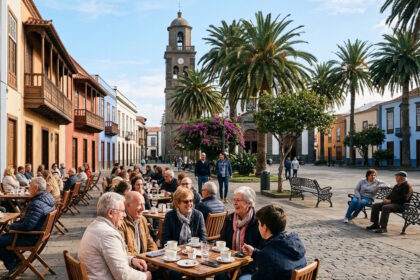 Residents and seasonal visitors enjoying an outdoor café in the Canary Islands during winter