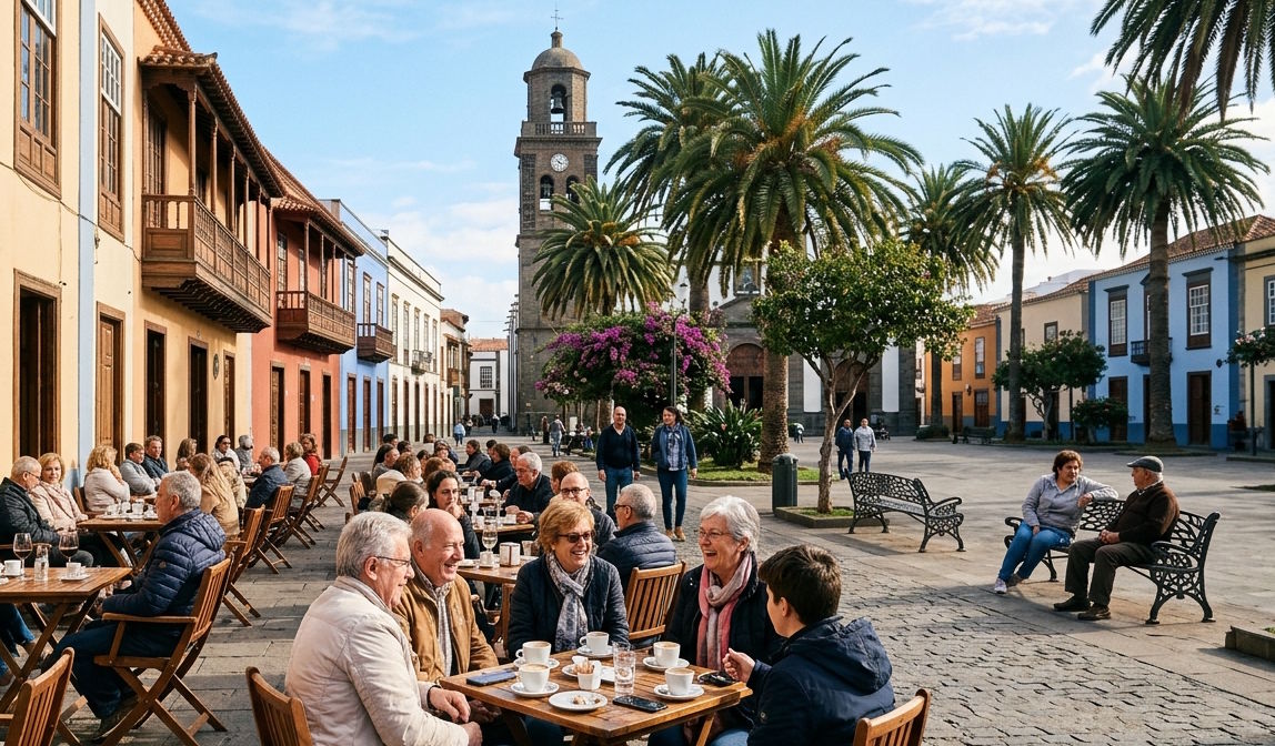 Residents and seasonal visitors enjoying an outdoor café in the Canary Islands during winter