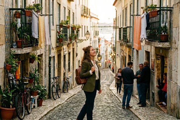 Woman exploring a historic neighbourhood on foot, discovering local streets and everyday life beyond the main tourist attractions.