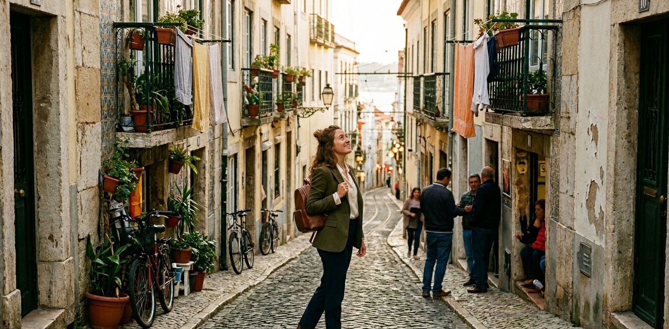 Woman exploring a historic neighbourhood on foot, discovering local streets and everyday life beyond the main tourist attractions.