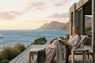 Woman relaxing on a private terrace overlooking the sea, representing modern luxury travel focused on time, space and privacy