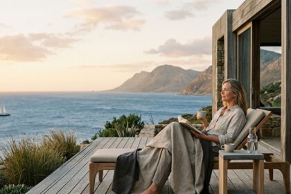 Woman relaxing on a private terrace overlooking the sea, representing modern luxury travel focused on time, space and privacy