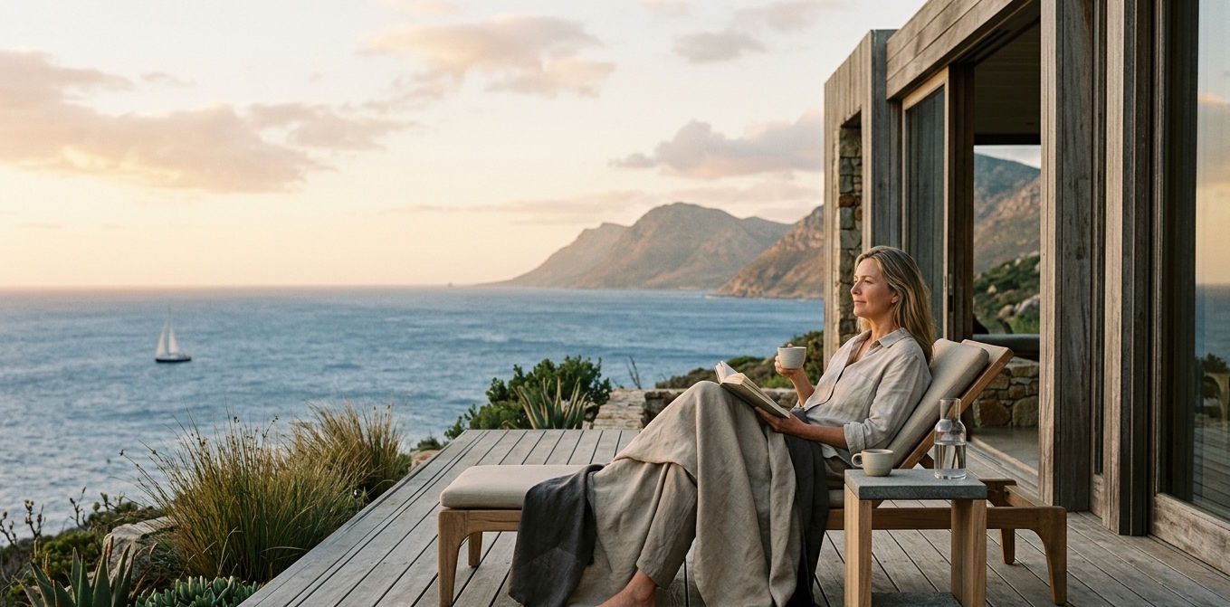 Woman relaxing on a private terrace overlooking the sea, representing modern luxury travel focused on time, space and privacy
