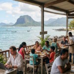 Mauritius coastal café overlooking the Indian Ocean with locals, visitors and remote workers enjoying everyday island life