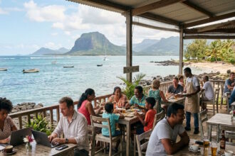 Mauritius coastal café overlooking the Indian Ocean with locals, visitors and remote workers enjoying everyday island life