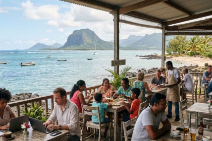 Mauritius coastal café overlooking the Indian Ocean with locals, visitors and remote workers enjoying everyday island life