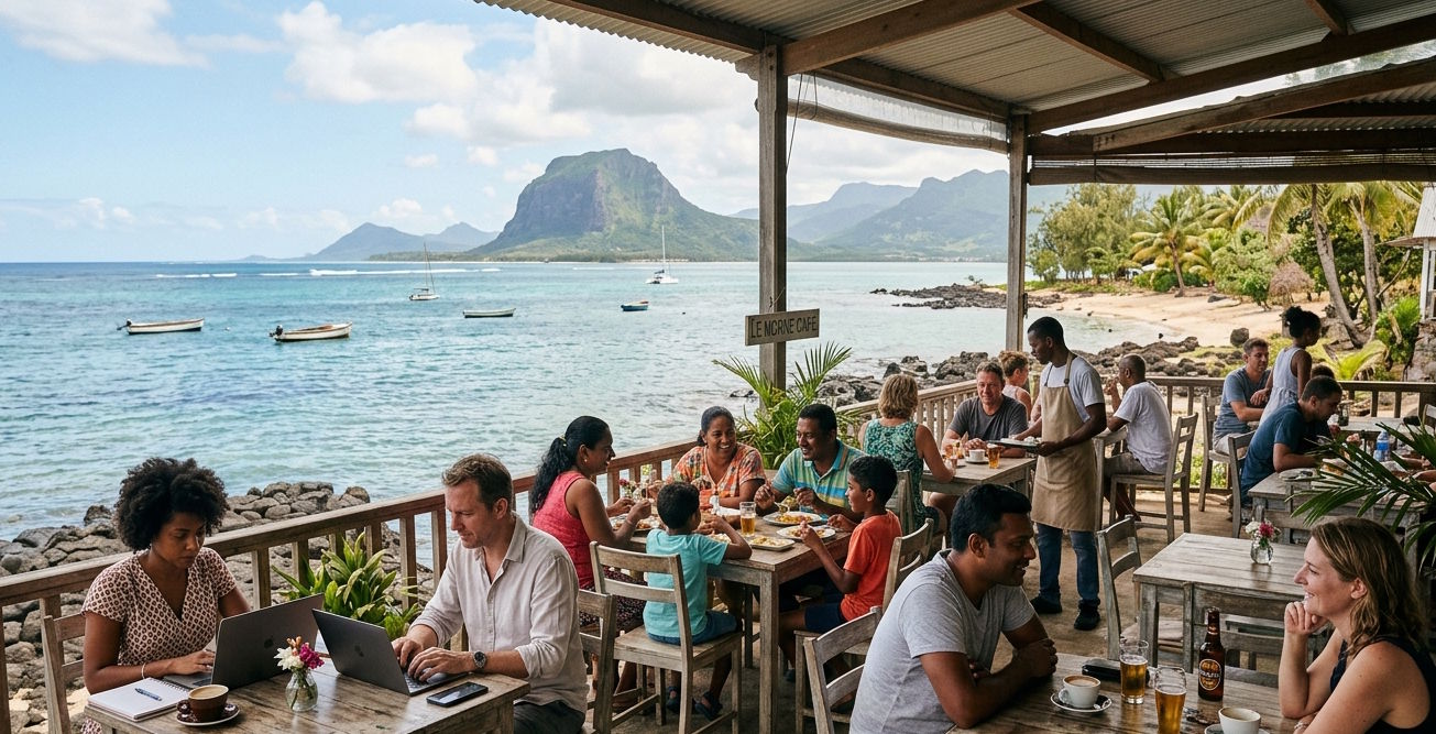 Mauritius coastal café overlooking the Indian Ocean with locals, visitors and remote workers enjoying everyday island life