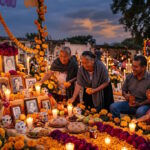 Family gathered around a traditional Día de los Muertos altar in Mexico