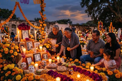 Family gathered around a traditional Día de los Muertos altar in Mexico