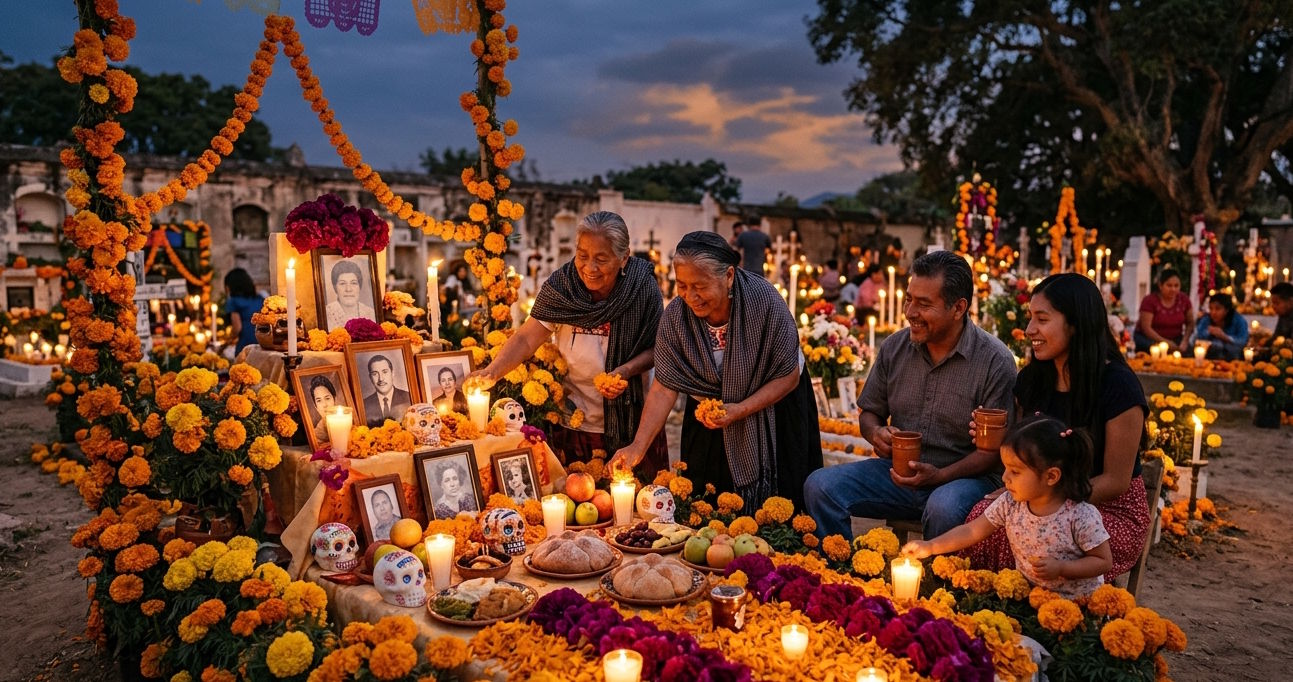 Family gathered around a traditional Día de los Muertos altar in Mexico