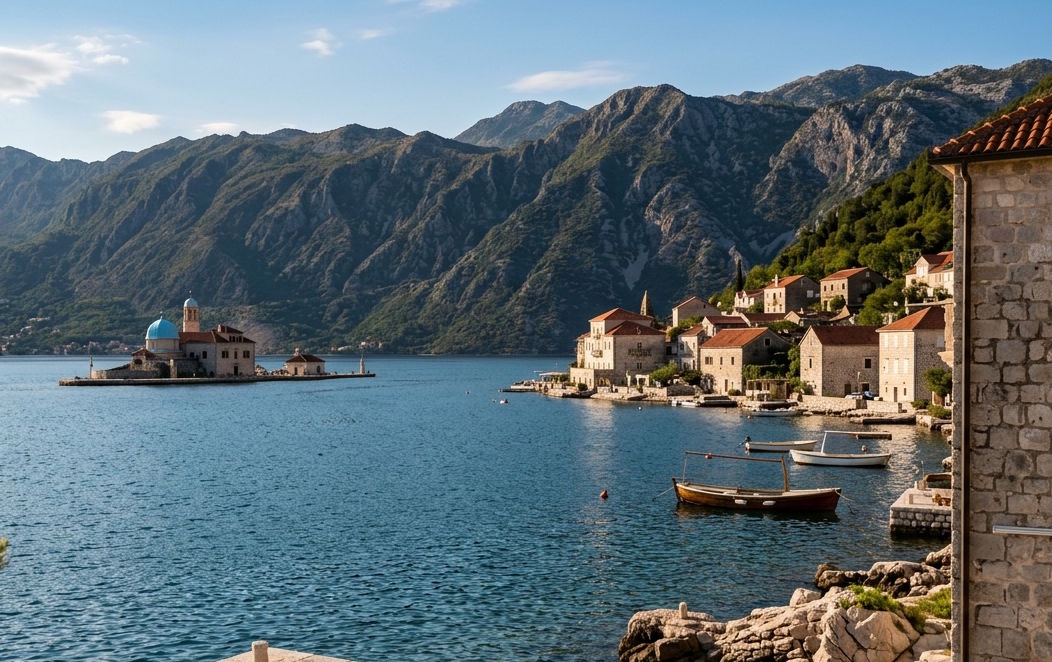 View across the Bay of Kotor in Montenegro with mountains and historic waterfront villages