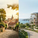 Modern coastal residential development compared with a traditional existing property, illustrating different approaches to contemporary living and real estate investment.