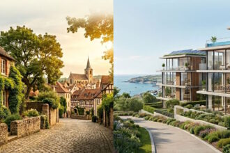 Modern coastal residential development compared with a traditional existing property, illustrating different approaches to contemporary living and real estate investment.