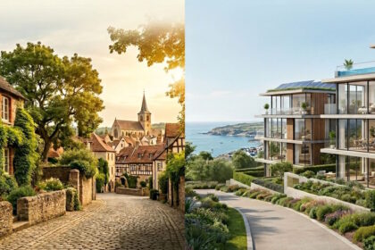 Modern coastal residential development compared with a traditional existing property, illustrating different approaches to contemporary living and real estate investment.