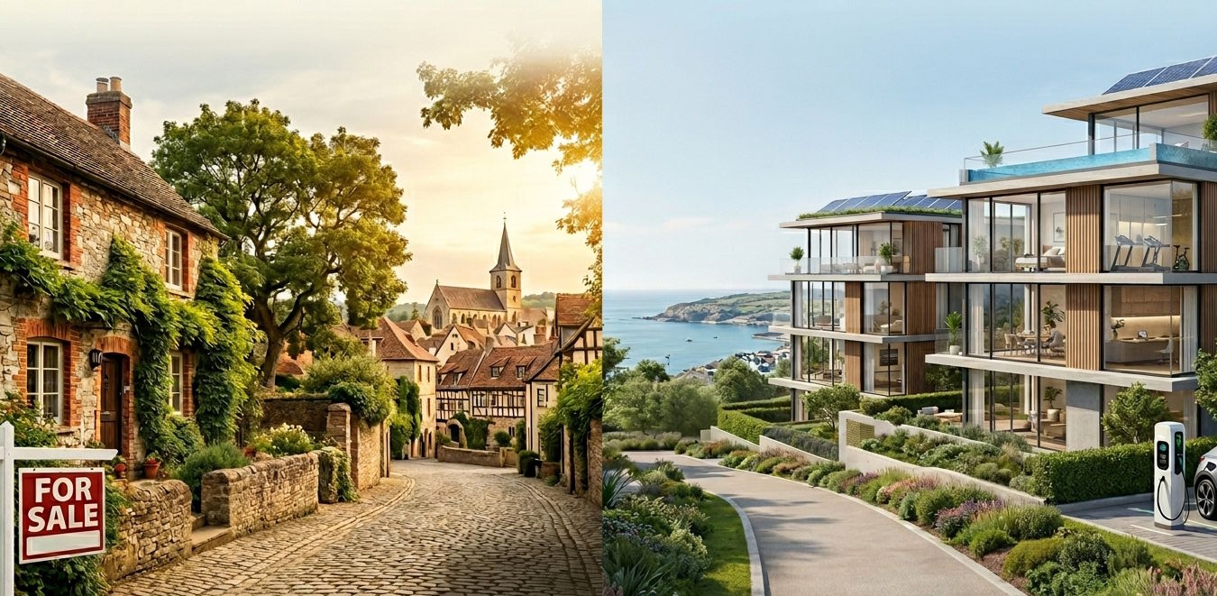 Modern coastal residential development compared with a traditional existing property, illustrating different approaches to contemporary living and real estate investment.
