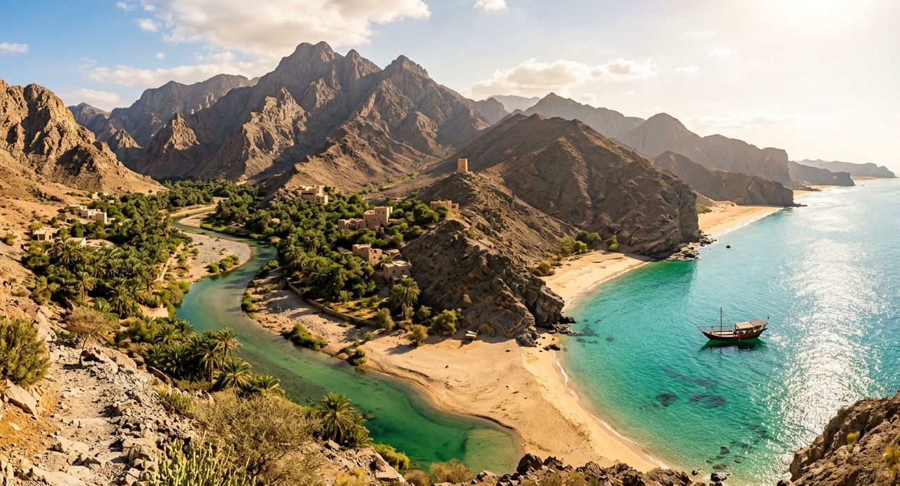 Dramatic coastal landscape in Oman featuring rugged mountains, turquoise waters, sandy beaches and a traditional dhow boat.