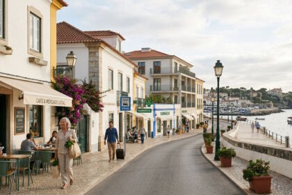 Walkable coastal neighborhood with cafés, local services, and waterfront promenade in Portugal.