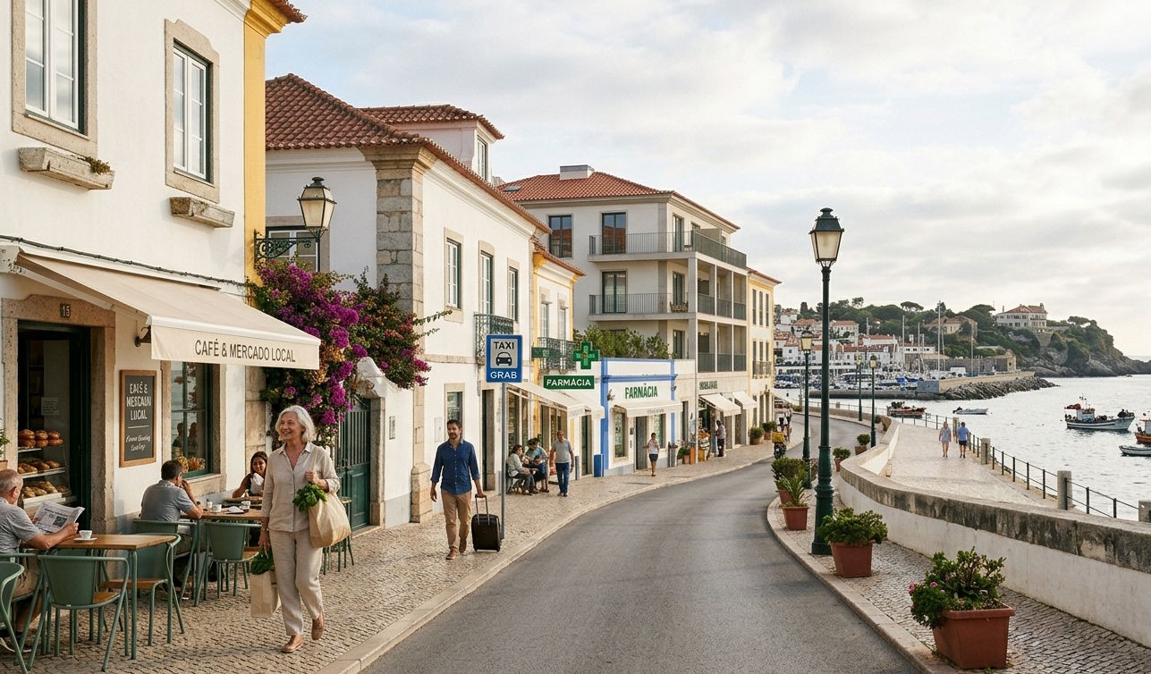 Walkable coastal neighborhood with cafés, local services, and waterfront promenade in Portugal.