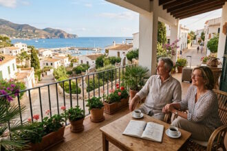 Couple enjoying the view from a rental property overlooking a coastal village, taking time to explore the destination before making a long-term property decision.