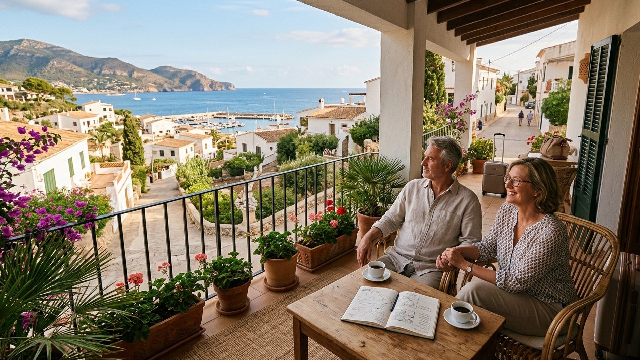 Couple enjoying the view from a rental property overlooking a coastal village, taking time to explore the destination before making a long-term property decision.