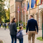 International family visiting a school campus while exploring education options abroad