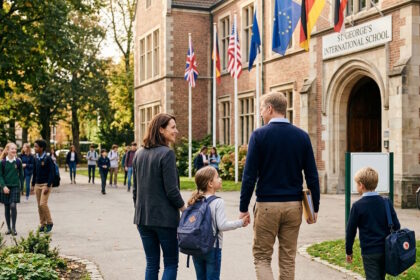 International family visiting a school campus while exploring education options abroad