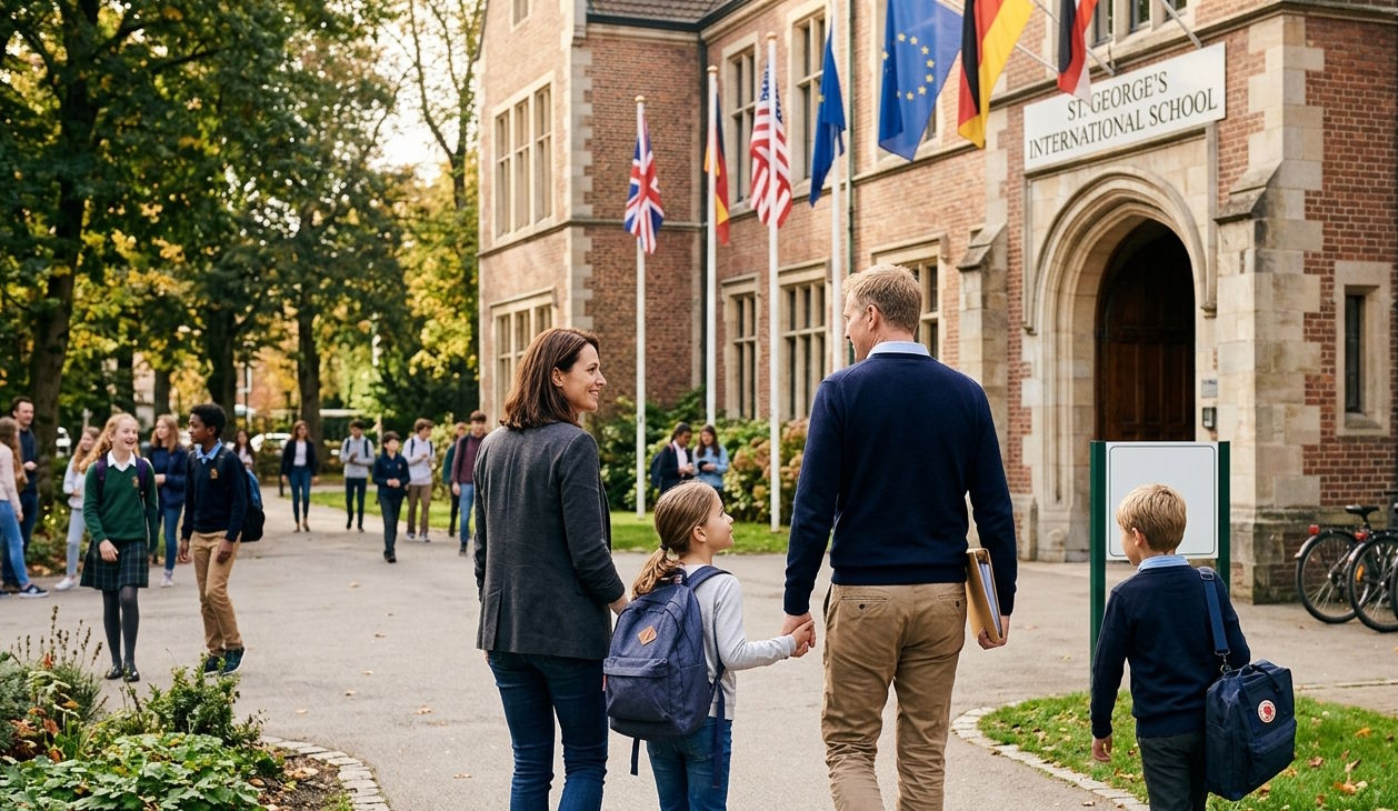 International family visiting a school campus while exploring education options abroad